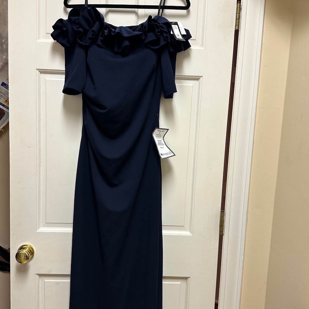 XSCAPE Navy Off Shoulder Long Gown NWT